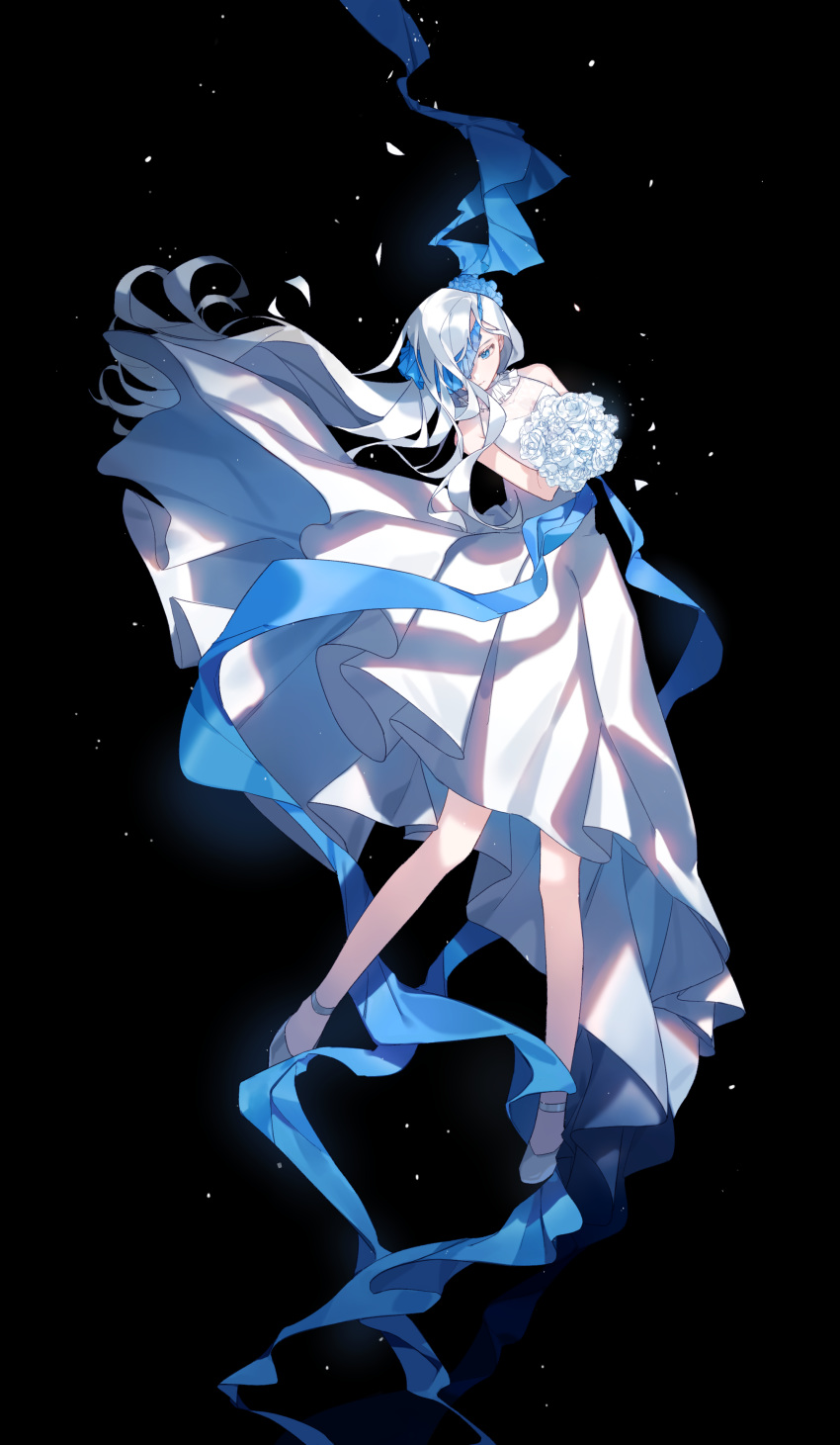 1girl, absurdres, black_background, blue_ribbon, dress, flower, full_body, hair_over_one_eye