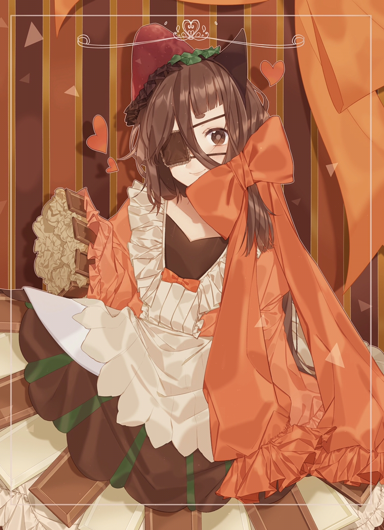 1girl, bangs, brown_eyes, brown_hair, chocolate, dress, eyepatch, food