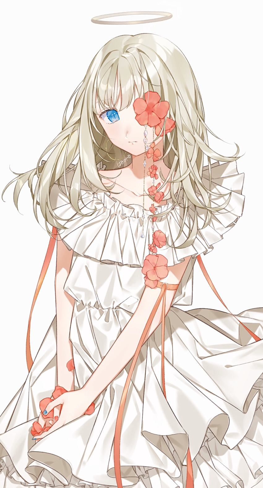 1girl, arm_ribbon, bangs, blonde_hair, blue_eyes, blue_nails, dress, flower