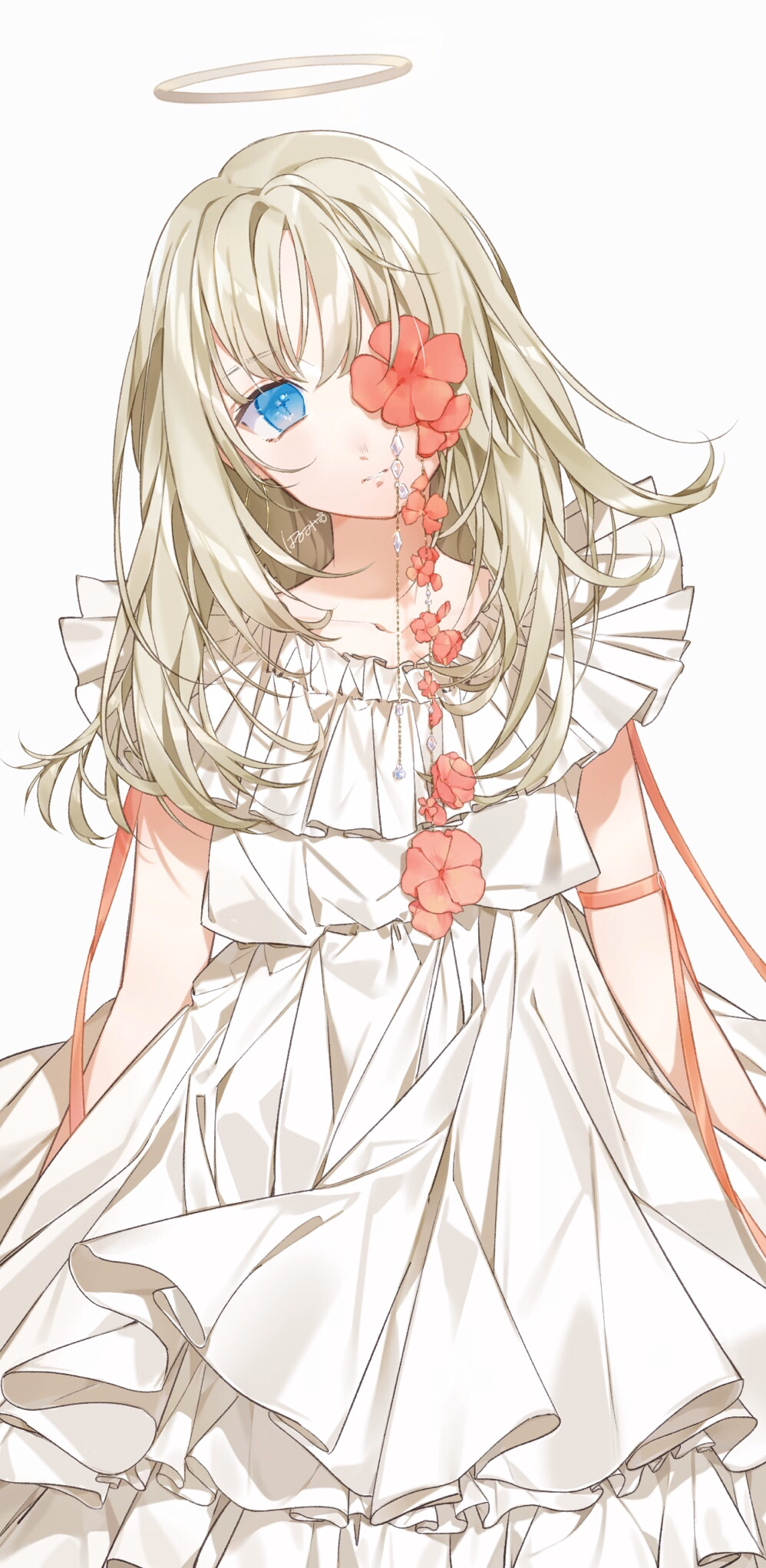 1girl, arm_ribbon, bangs, blonde_hair, blue_eyes, dress, flower, halo