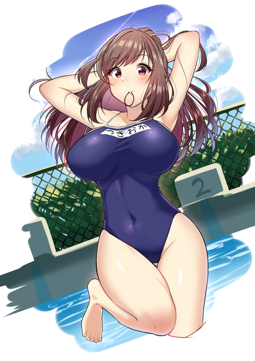 1girl, absurdres, arms_behind_head, barefoot, blue_swimsuit, breasts, brown_eyes, brown_hair