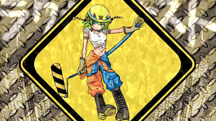 1girl, barcode, barcode_tattoo, blue_pants, boots, brush, commentary, cosmo_(bousoup)