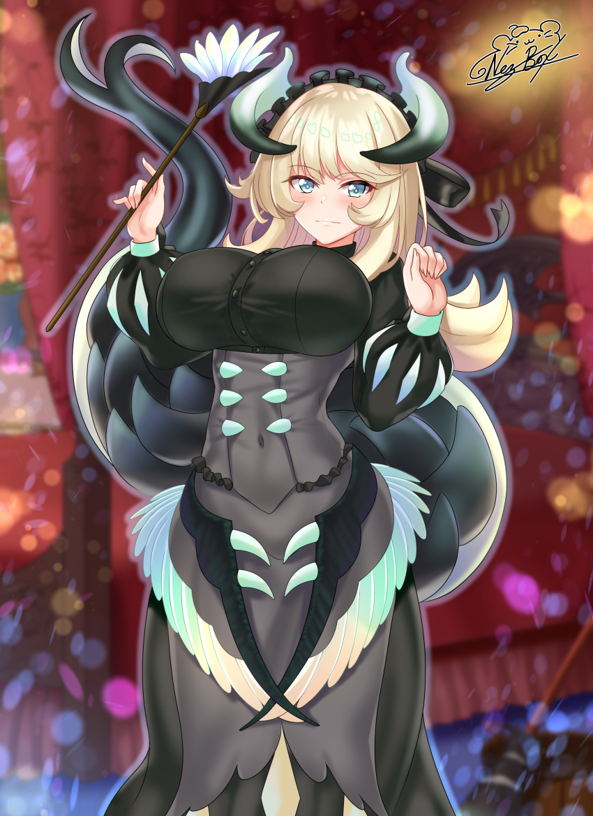 1girl, absurdres, bangs, bed, bedroom, black_dress, black_horns, black_tail, blue_eyes, blurry, blurry_background, blush, breasts, bucket, buttons, canopy_bed, closed_mouth, commentary, commission, corset, covered_navel, cowboy_shot, dragon_girl, dragon_horns, dragon_tail, dragonmaid_chame, dress, duel_monster, duster, eyebrows_visible_through_hair, four-poster_bed, highres, holding_duster, horns, indoors, large_breasts, light_smile, long_hair, long_sleeves, looking_at_viewer, maid, maid_dress, mop, nez-kun, outline, platinum_blonde_hair, puffy_long_sleeves, puffy_sleeves, sidelocks, signature, solo, standing, tail, w_arms, yuu-gi-ou