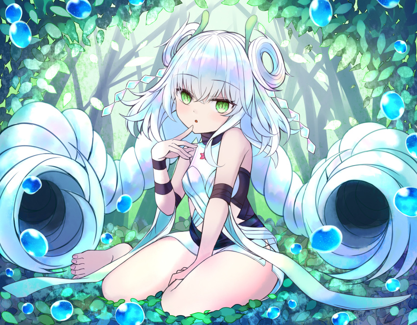 1girl, :o, arm_strap, bangs, bare_shoulders, barefoot, between_legs, braid, breasts, commentary, crossed_bangs, duel_monster, eyebrows_visible_through_hair, finger_to_mouth, forest, full_body, green_background, green_eyes, hair_between_eyes, hair_ornament, hair_rings, halter_top, halterneck, hand_between_legs, highres, lazupeace, leaf, long_hair, looking_at_viewer, low_twintails, miniskirt, nature, plant, shirt, side_slit, sidelocks, sitting, skirt, sleeveless, sleeveless_shirt, slit_pupils, small_breasts, solo, traptrix_genlisea, tree, twin_braids, twintails, very_long_hair, water_drop, white_hair, white_shirt, white_skirt, wrist_straps, yokozuwari, yuu-gi-ou