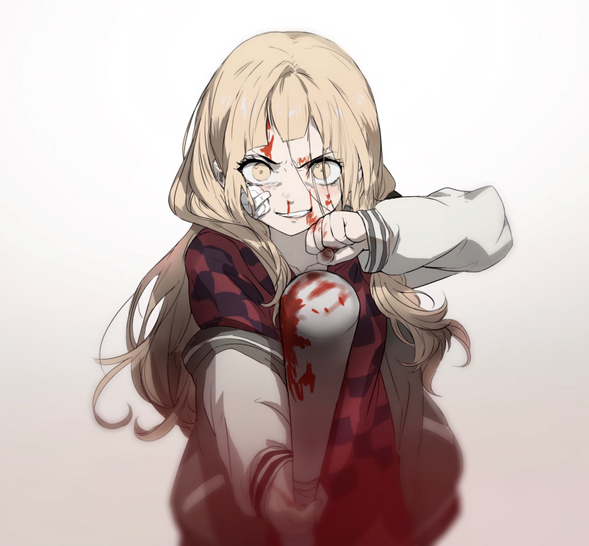 1girl, bandaid, bandaid_on_cheek, bandaid_on_face, bangs, baseball_bat, blonde_hair, blood