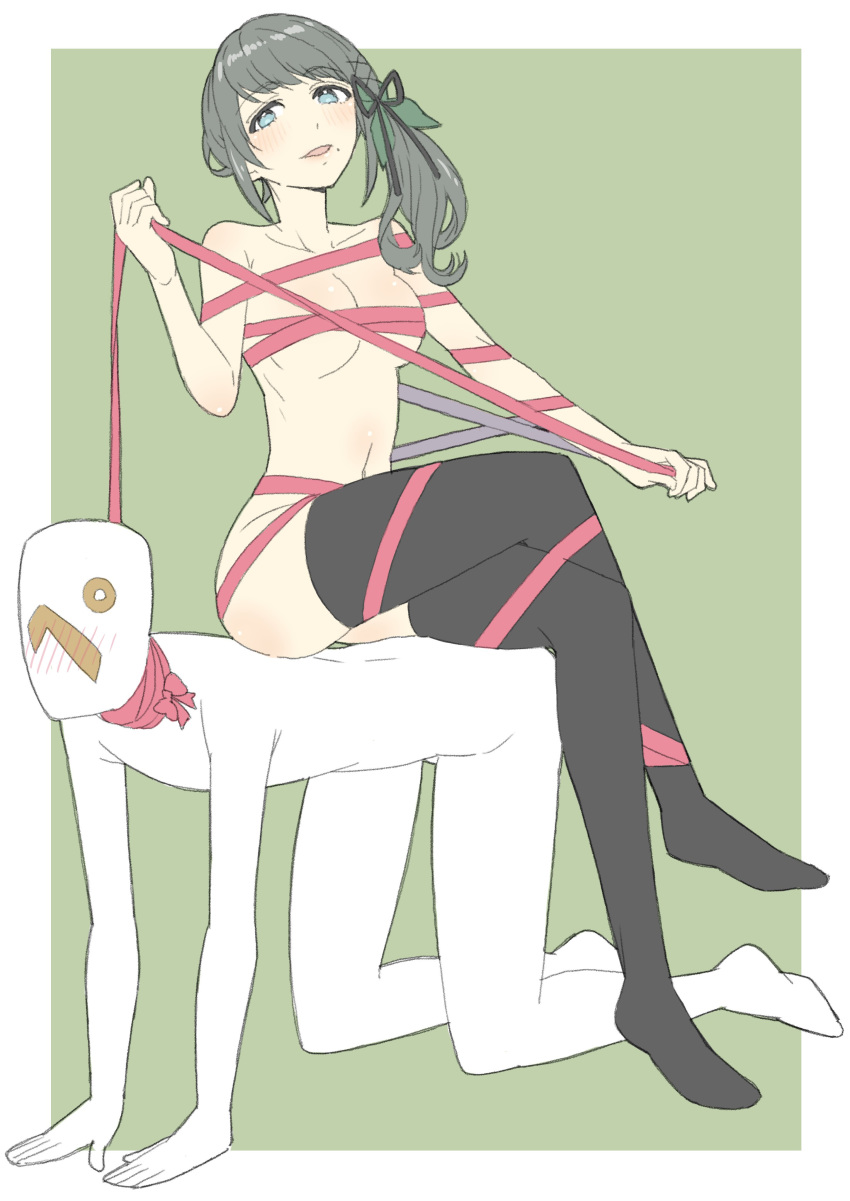 1boy, 1girl, :d, absurdres, black_legwear, black_ribbon, blush, body_blush, border, bow, breasts, crossed_legs, donguri_suzume, eyebrows_visible_through_hair, faceless, faceless_male, femdom, green_background, green_bow, grey_eyes, grey_hair, hair_bow, hair_ribbon, hand_up, highres, hinamizawa_kurumi, holding, human_chair, human_furniture, large_breasts, long_hair, mole, mole_under_mouth, naked_ribbon, open_mouth, parted_lips, pygmalion._(group), red_ribbon, ribbon, side_ponytail, simple_background, sitting, sitting_on_person, smile, solo_focus, thigh-highs, virtual_youtuber, white_border