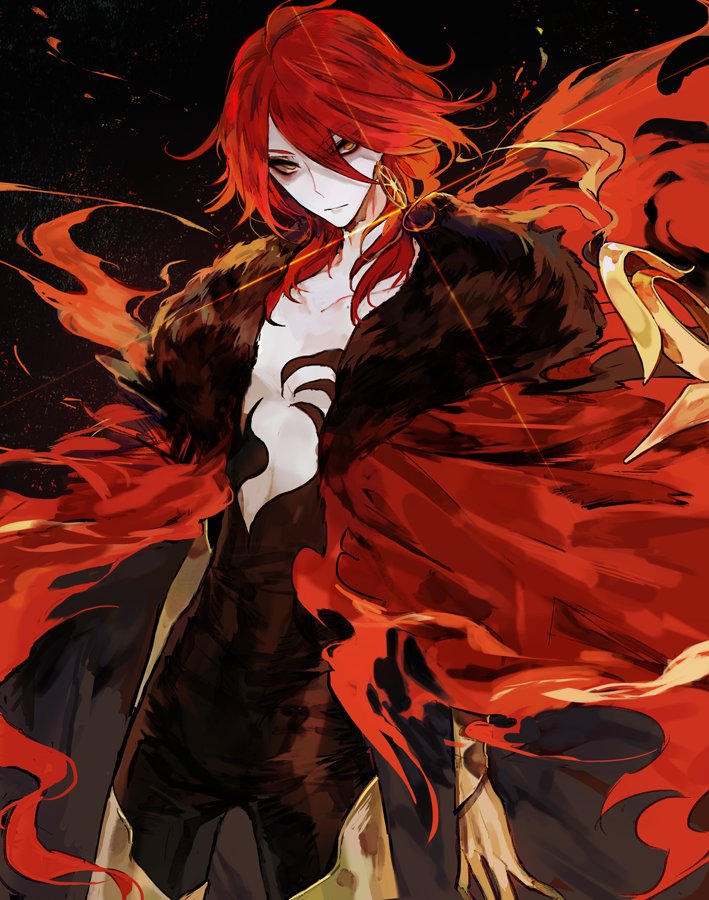 1boy, arms_at_sides, black_bodysuit, bodysuit, burning_clothes, cape, closed_mouth, cowboy_shot