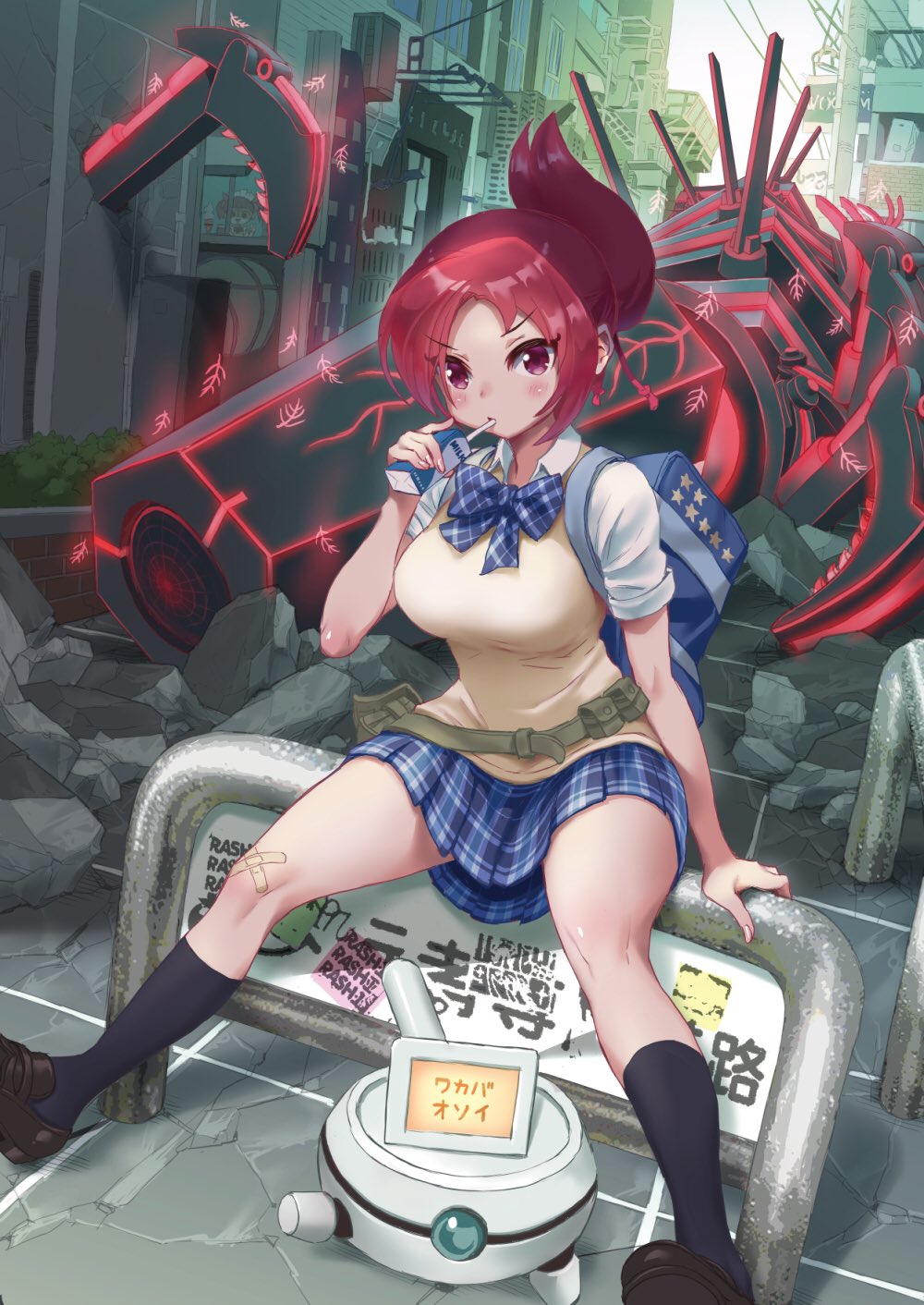 2girls, alternate_costume, bag, bandaid, bandaid_on_knee, belt_pouch, black_footwear, black_legwear, blush, bow, bowtie, breasts, building, commentary, contemporary, drinking, drinking_straw, eyebrows_visible_through_hair, eyes_visible_through_hair, highres, kemurikusa, kemurikusa_(object), kneehighs, large_breasts, looking_at_viewer, milk_carton, multiple_girls, nushi_(kemurikusa), outdoors, plaid, plaid_bow, plaid_neckwear, plaid_skirt, pleated_skirt, ponytail, pouch, red_eyes, redhead, rin_(kemurikusa), rina_(kemurikusa), robot, rubble, sakurai_shizuku_(mimipull), school_uniform, shiro_(kemurikusa), shirt, shoes, short_sleeves, sign, simple_background, sitting, skirt, solo_focus, spread_legs, translated, v-shaped_eyebrows, vest, when_you_see_it, white_background, white_shirt, yellow_vest