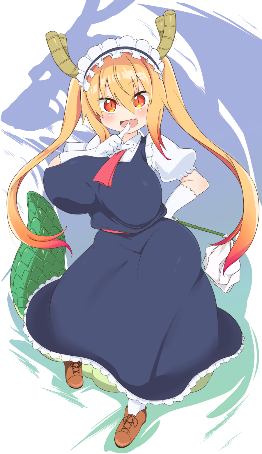 1girl, blonde_hair, blush, breasts, commentary_request, dragon, dragon_girl, dragon_horns, dragon_tail, fang, gloves, highres, hirob816, horns, huge_breasts, kobayashi-san_chi_no_maidragon, long_hair, looking_at_viewer, maid, maid_headdress, monster_girl, orange_eyes, puffy_short_sleeves, puffy_sleeves, scales, short_sleeves, slit_pupils, tail, tooru_(maidragon), twintails, white_background, white_gloves