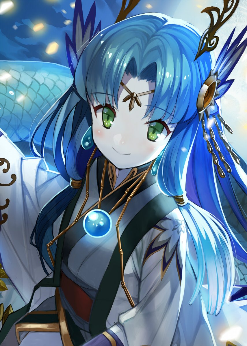 1girl, bangs, blue_hair, blush, circlet, closed_mouth, eyebrows_visible_through_hair, green_eyes