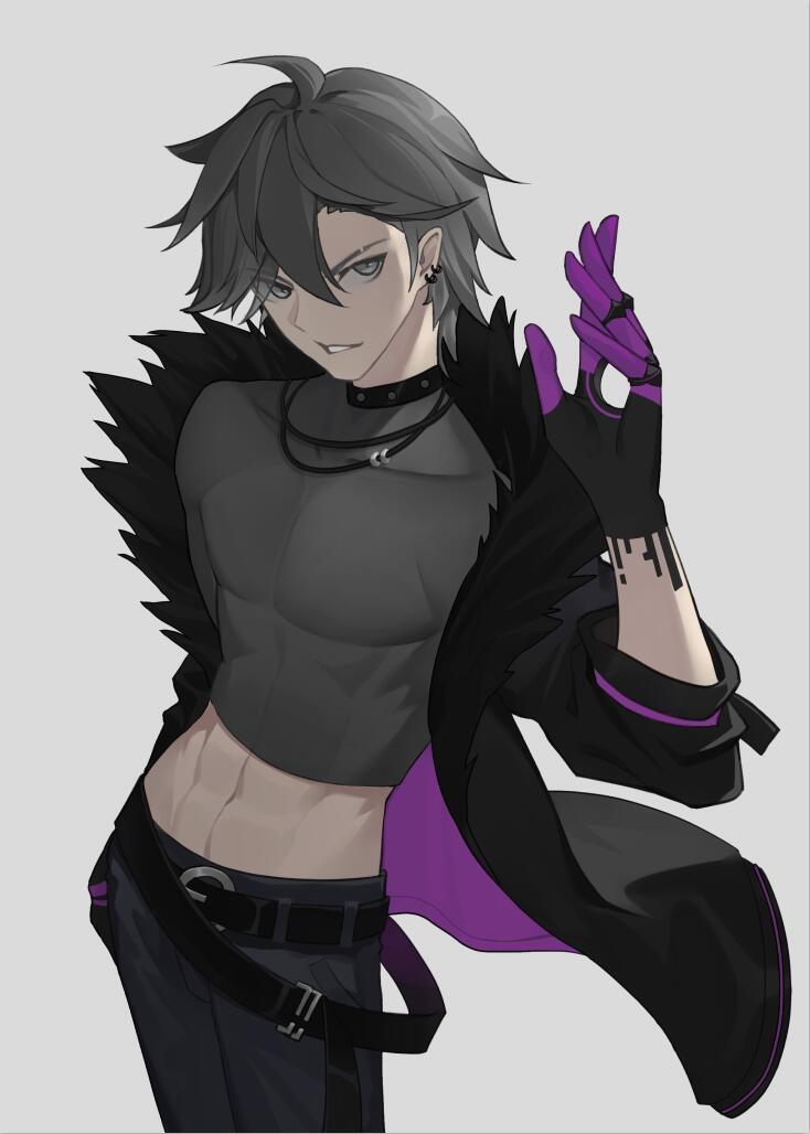 1boy, ahoge, belt, black_choker, black_jacket, choker, collarbone, earrings, eyebrows_visible_through_hair, eyes_visible_through_hair, forever_7th_capital, fur-trimmed_jacket, fur_trim, green_eyes, grey_background, grey_hair, hair_between_eyes, hand_on_hip, hole, jacket, jewelry, male_focus, muscle, navel, necklace, parted_lips, simple_background, solo, standing, tight, xssh