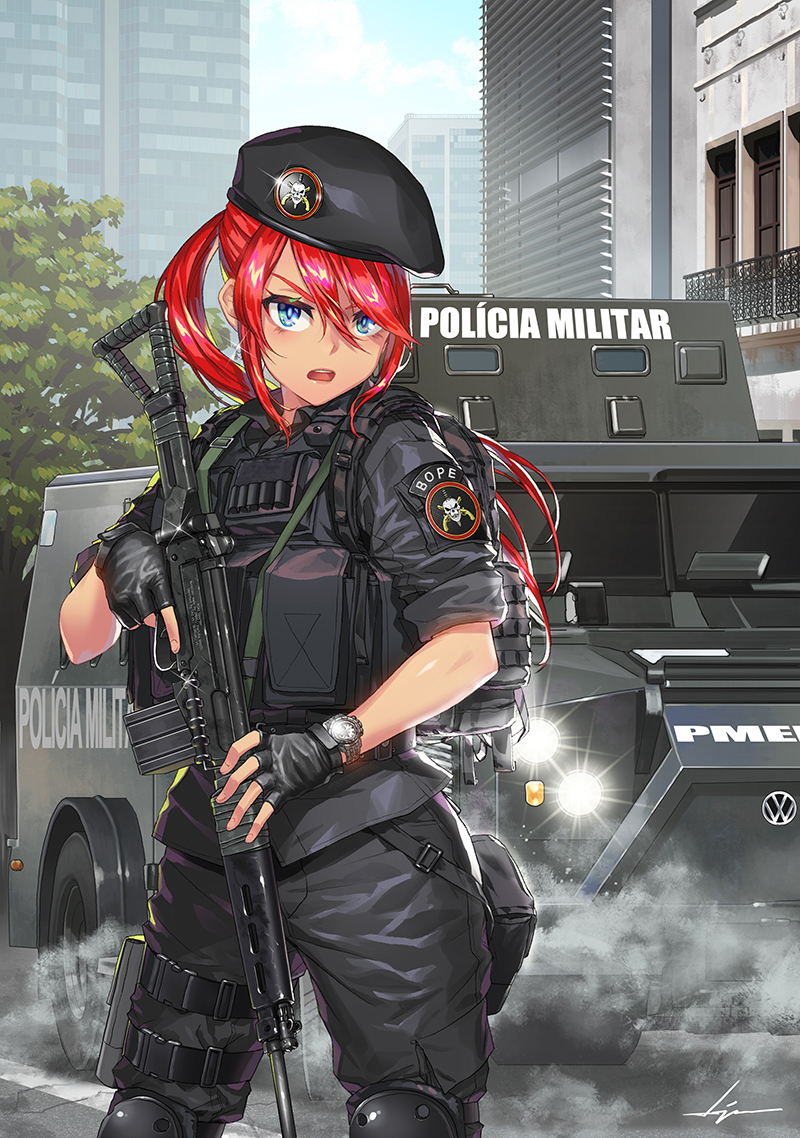 1girl, armored_personnel_carrier, assault_rifle, beret, blue_eyes, bope, city, commentary_request, emblem, english_commentary, fingerless_gloves, gloves, gun, hat, kws, military_jacket, original, patch, police, police_uniform, policewoman, portuguese_commentary, portuguese_text, redhead, rifle, solo, spanish_commentary, tactical_clothes, trigger_discipline, uniform, weapon, weapon_request
