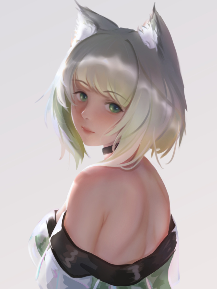 animal_ear_fluff, animal_ears, arknights, bare_shoulders, choker, dress, gradient_hair, green_dress