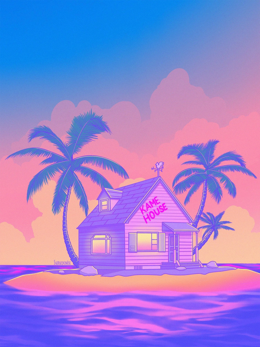 beach, blue_sky, clouds, cloudy_sky, commentary, dragon_ball, dragon_ball_(classic), dragon_ball_super, dragon_ball_z, english_commentary, english_text, gradient, gradient_sky, highres, house, island, no_humans, outdoors, palm_tree, pink_theme, rock, sand, shadow, sky, sunset, surudenise, tree, twitter_username, water, window, yellow_sky