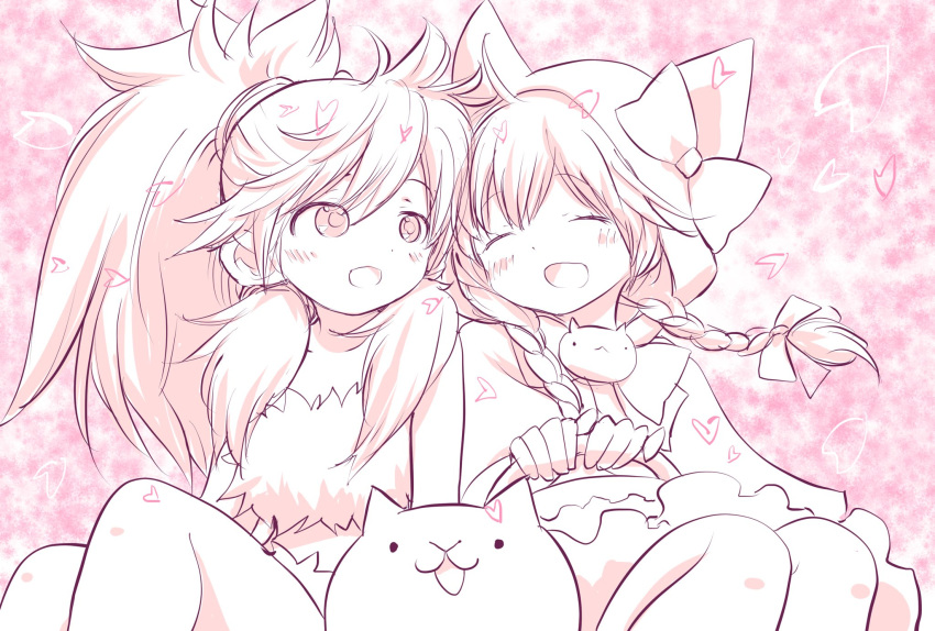 2girls, animal, cat_(nyanko_daisensou), cherry_blossoms, flower, highres, minya_(nyanko_daisensou), multiple_girls