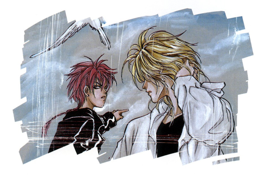 adjusting_hair, angel_cage, angel_sanctuary, artbook, bird, birds, blonde_hair, braid