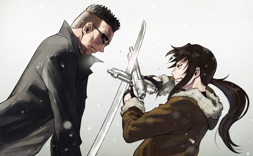 1boy, 1girl, azasuke, black_coat, black_hair, black_lagoon, brown_hair, brown_jacket