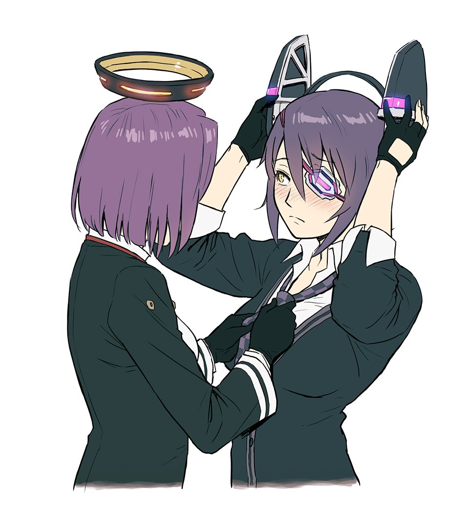 2girls, azasuke, black_gloves, blush, breasts, cardigan, checkered, checkered_neckwear