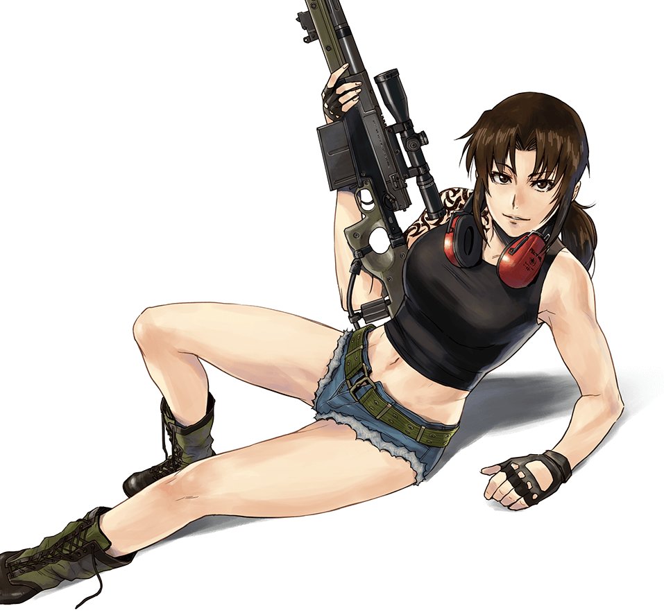 1girl, ai_arctic_warfare, ai_aw-50, anti-materiel_rifle, arm_support, azasuke, belt, black_lagoon, black_tank_top, bolt_action, boots, breasts, brown_eyes, brown_hair, crop_top, denim, denim_shorts, ear_protection, fingerless_gloves, gloves, green_footwear, gun, large_breasts, micro_shorts, midriff, navel, revy_(black_lagoon), rifle, scope, short_shorts, shorts, sleeveless, smile, sniper_rifle, solo, tank_top, tattoo, torn_clothes, torn_shorts, weapon