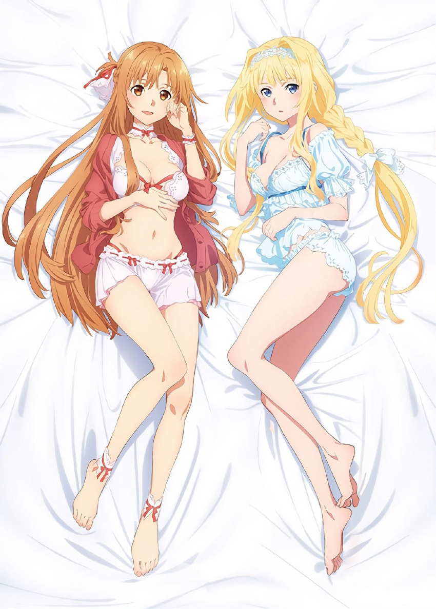 2girls, alice_schuberg, asuna_(sao), blonde_hair, blue_eyes, brown_eyes, brown_hair, dakimakura