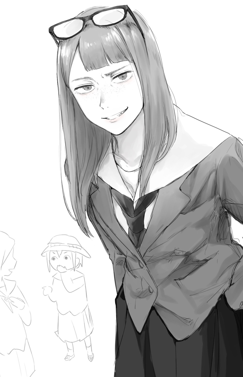 3girls, asakusa_midori, asymmetrical_bangs, bangs, blazer, bucket_hat, eizouken_ni_wa_te_wo_dasu_na!, eyewear_on_head, freckles, greyscale, grin, hat, highres, jacket, kanamori_sayaka, kumeri_meiko, looking_at_viewer, mizusaki_tsubame, monochrome, multiple_girls, over-rim_eyewear, sanpaku, semi-rimless_eyewear, smile