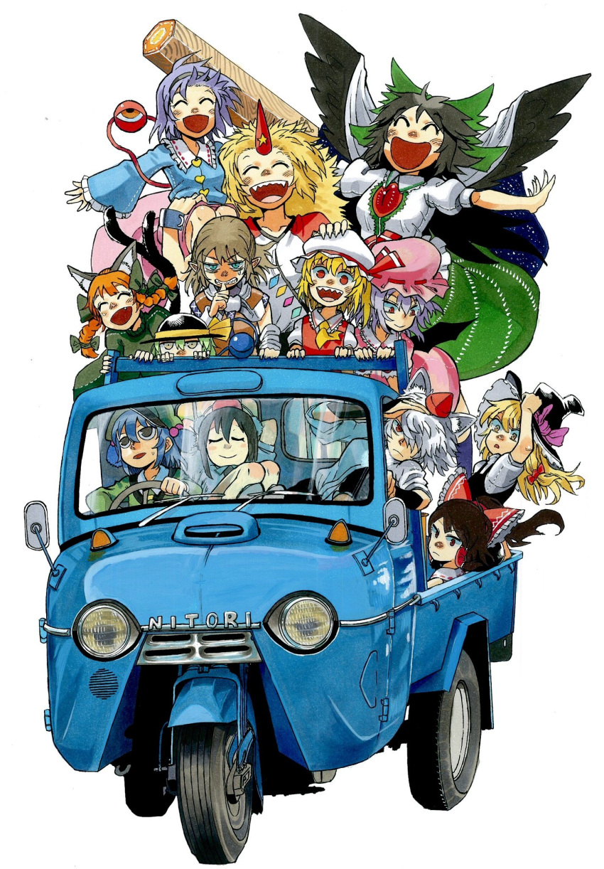6+girls, driving, flandre_scarlet, ground_vehicle, hakurei_reimu, highres, hoshiguma_yuugi, inubashiri_momiji