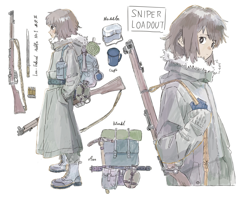 1girl, absurdres, backpack, bag, bayonet, black_eyes, blanket, boots