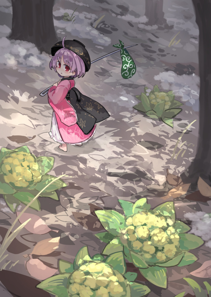 1girl, absurdres, ahoge, barefoot, bindle, bowl, bowl_hat, cauliflower