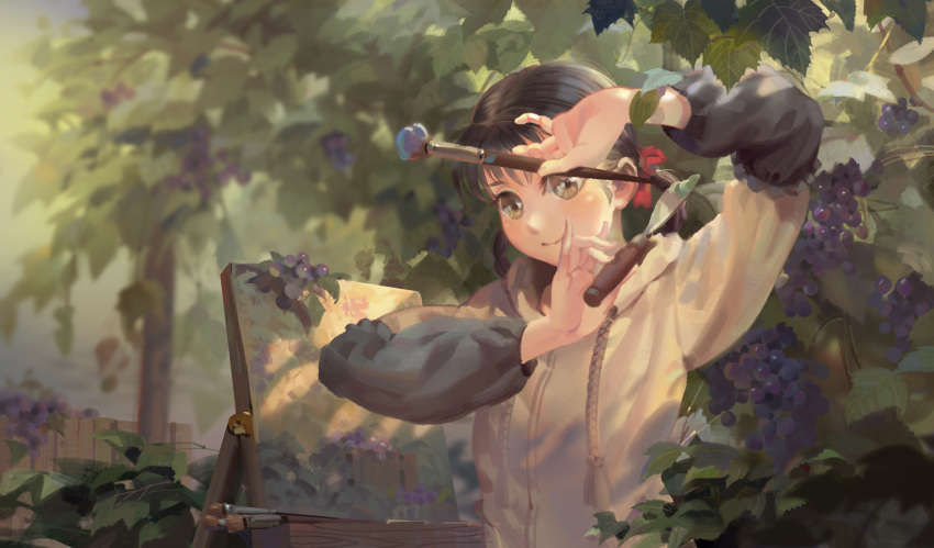 1girl, absurdres, art_brush, bangs, braid, brown_eyes, brown_hair, canvas_(object)