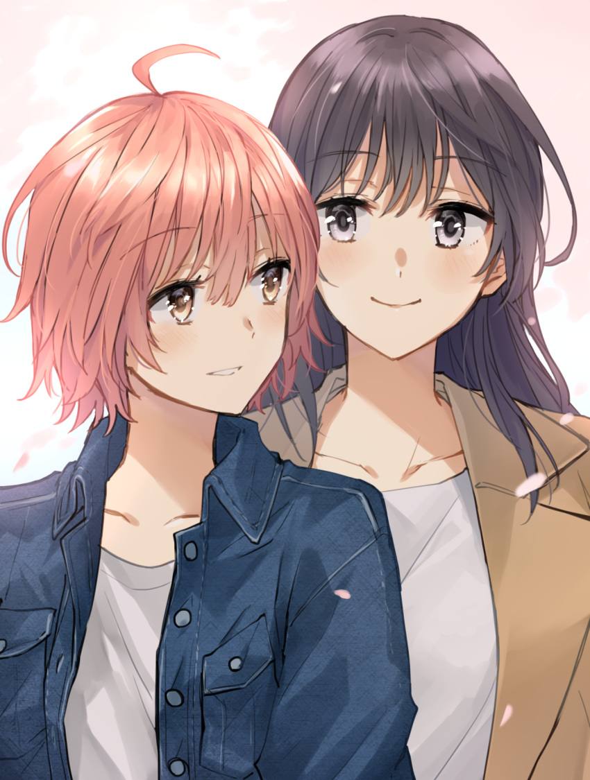 2girls, ahoge, bangs, black_hair, blue_jacket, blush, brown_eyes, brown_hair