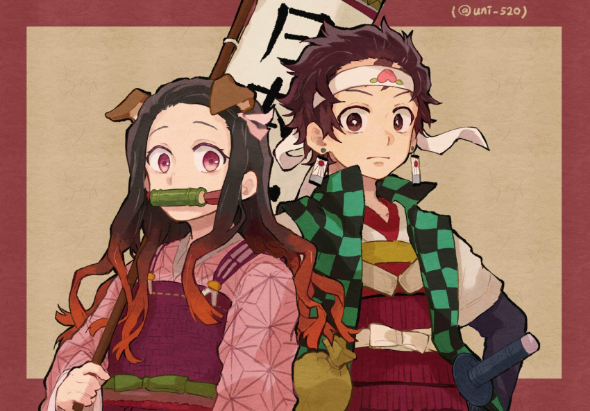 1boy, 1girl, animal_ears, asa_no_ha_(pattern), bamboo, bit_gag, black_hair, breastplate