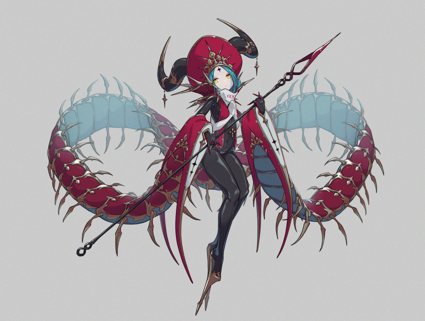 1girl, absurdres, blush, bodysuit, centipede_girl, cross_tattoo, hat, high_heels