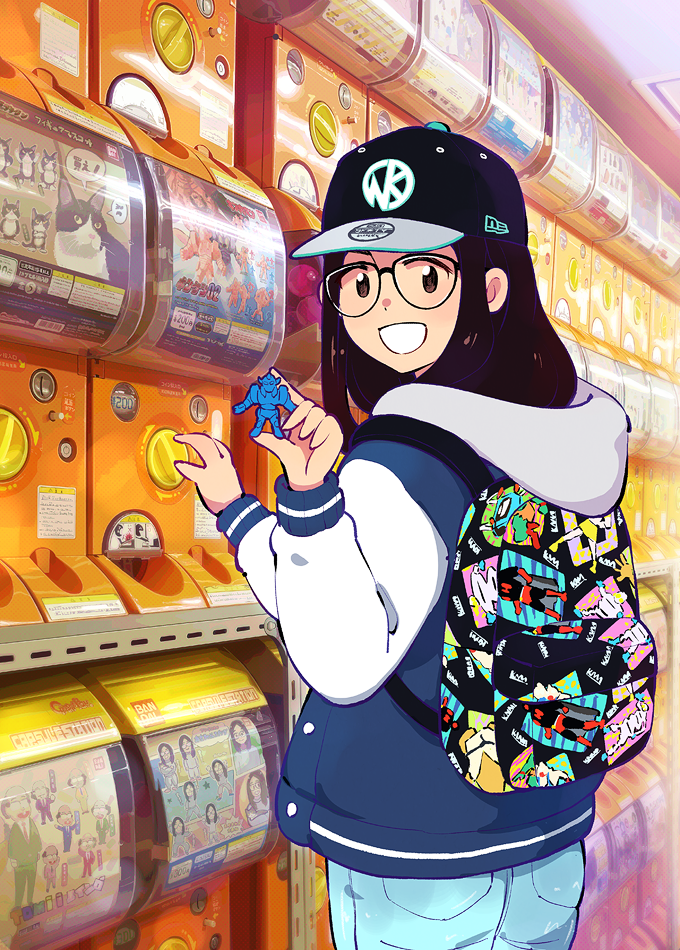 1girl, 49s-aragon, akuma_shogun, backpack, bag, baseball_cap, black_hair, black_hole_(kinnikuman)