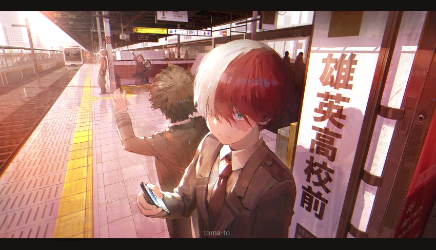 2boys, 2girls, asui_tsuyu, bakugou_katsuki, blazer, blonde_hair, boku_no_hero_academia, brown_hair