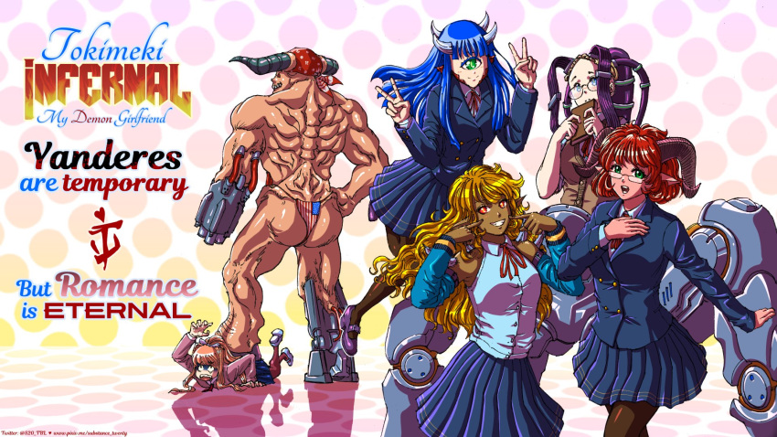 1boy, 5girls, arachnotron, bandana, baron_of_hell, blonde_hair, blue_eyes, blue_hair