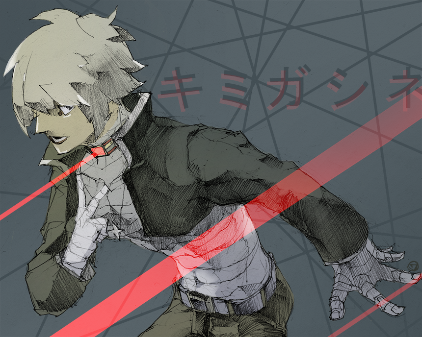 1boy, bandaged_hand, bandaged_neck, bandages, belt, black_eyes, collar, collarbone
