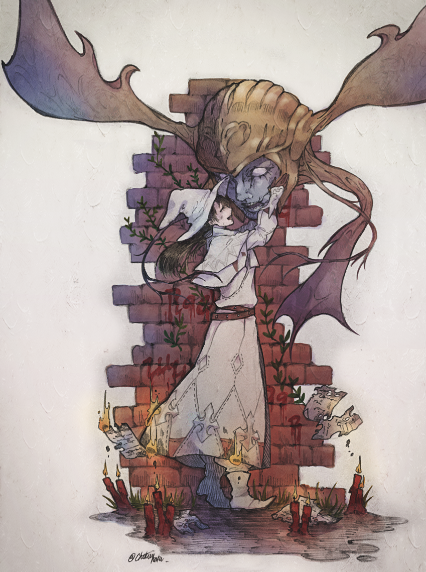 1girl, belt, blood, brick_wall, brown_gloves, brown_hair, burning, burning_clothes