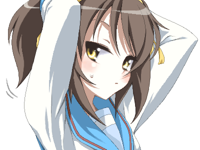 annoyed, arms_up, bad_id, blush, brown_hair, bust, hair_up, lowres, maskman, oekaki, ponytail, school_uniform, stare, suzumiya_haruhi, suzumiya_haruhi_no_yuuutsu, sweatdrop, yellow_eyes