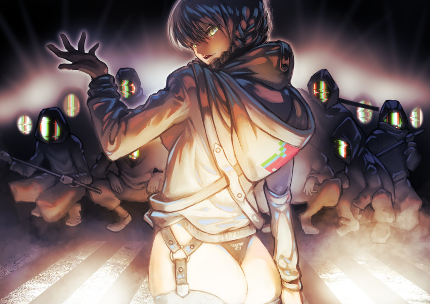 1girl, 6+others, ass, braid, glitch, gloves, grey_hair, highres