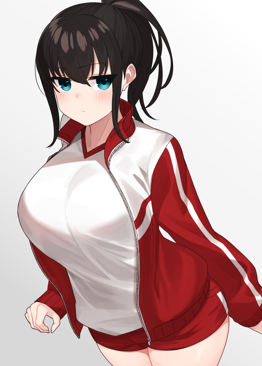 1girl, bangs, black_hair, blue_eyes, blush, breasts, eyebrows_visible_through_hair, gym_shirt, gym_uniform, hair_between_eyes, highres, iwami_sayaka, jacket, large_breasts, long_hair, long_sleeves, looking_at_viewer, omizu_(h2o), open_clothes, open_jacket, original, ponytail, red_jacket, red_shorts, shirt, short_shorts, shorts, sleeves_past_wrists, solo, track_jacket, unzipped, white_shirt, zipper, zipper_pull_tab