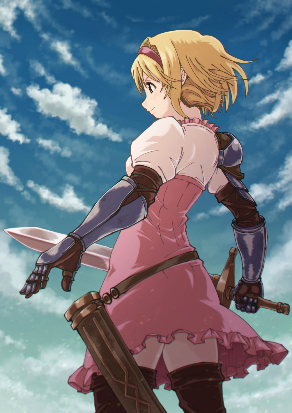 1girl, armor, blonde_hair, blue_sky, closed_mouth, cowboy_shot, djeeta_(granblue_fantasy), dress