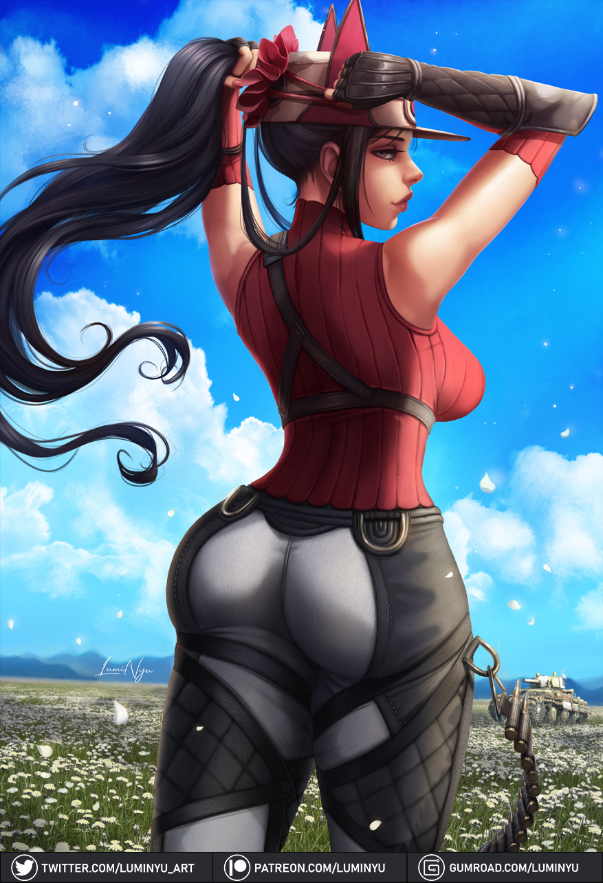 1girl, adjusting_hair, animal_hat, ass, bandolier, black_hair, breasts, brown_eyes