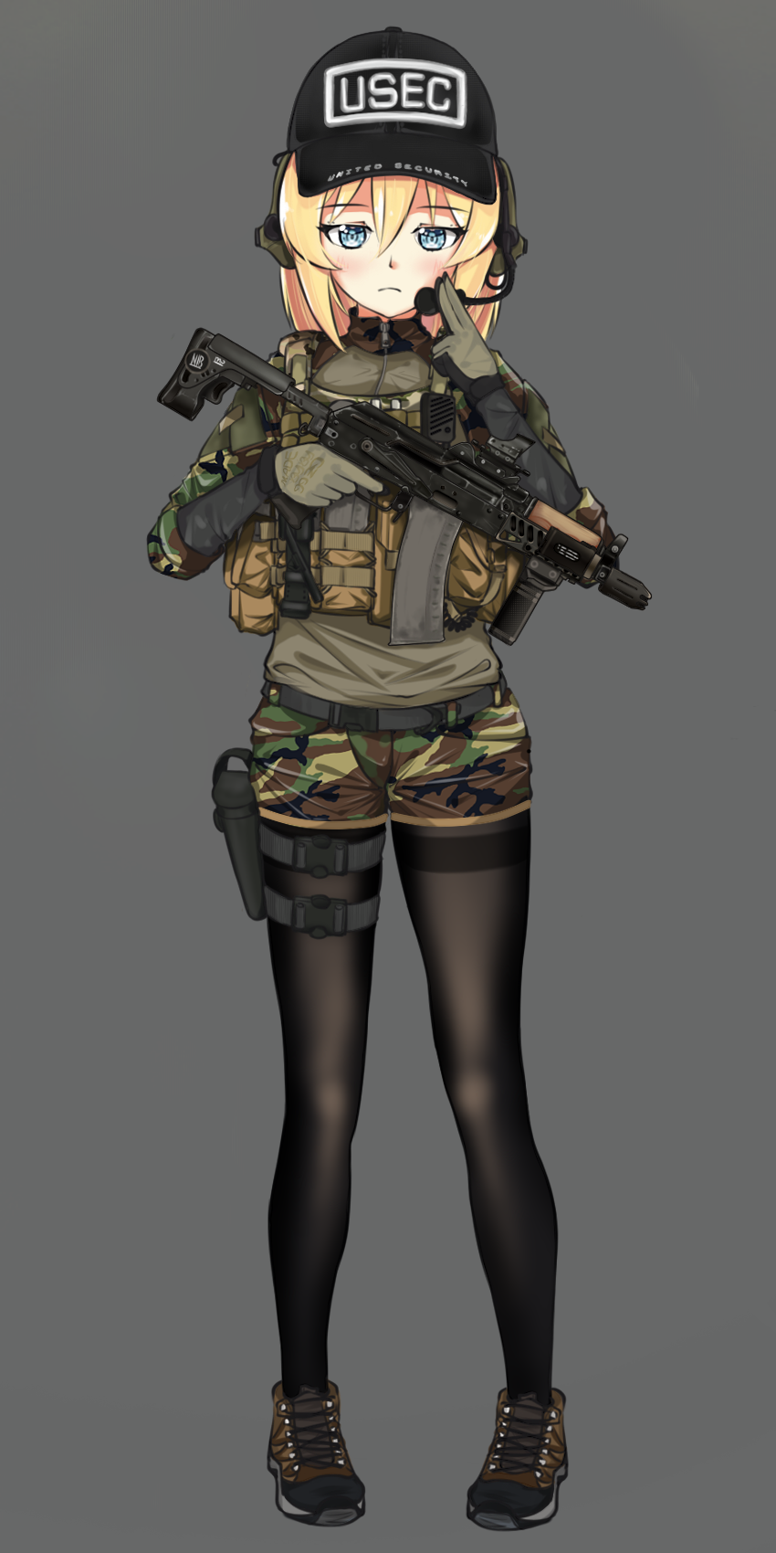 1girl, baseball_cap, black_legwear, blonde_hair, blue_eyes, camouflage, commentary, english_commentary