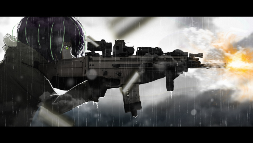 1girl, assault_rifle, black_hair, commentary, firing, fn_scar, green_eyes, green_hair