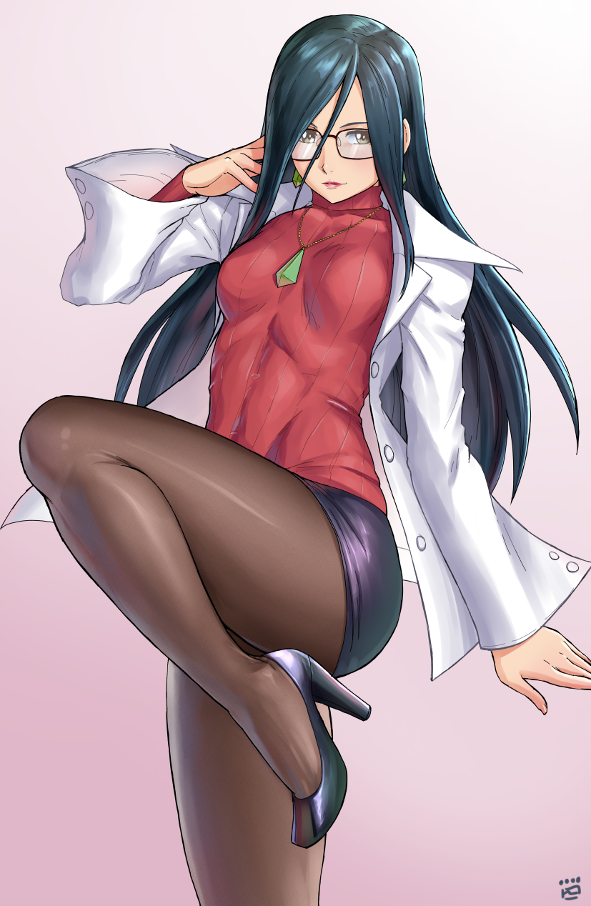 1girl, black_hair, black_legwear, commentary_request, earrings, finalcake, glasses, green_eyes