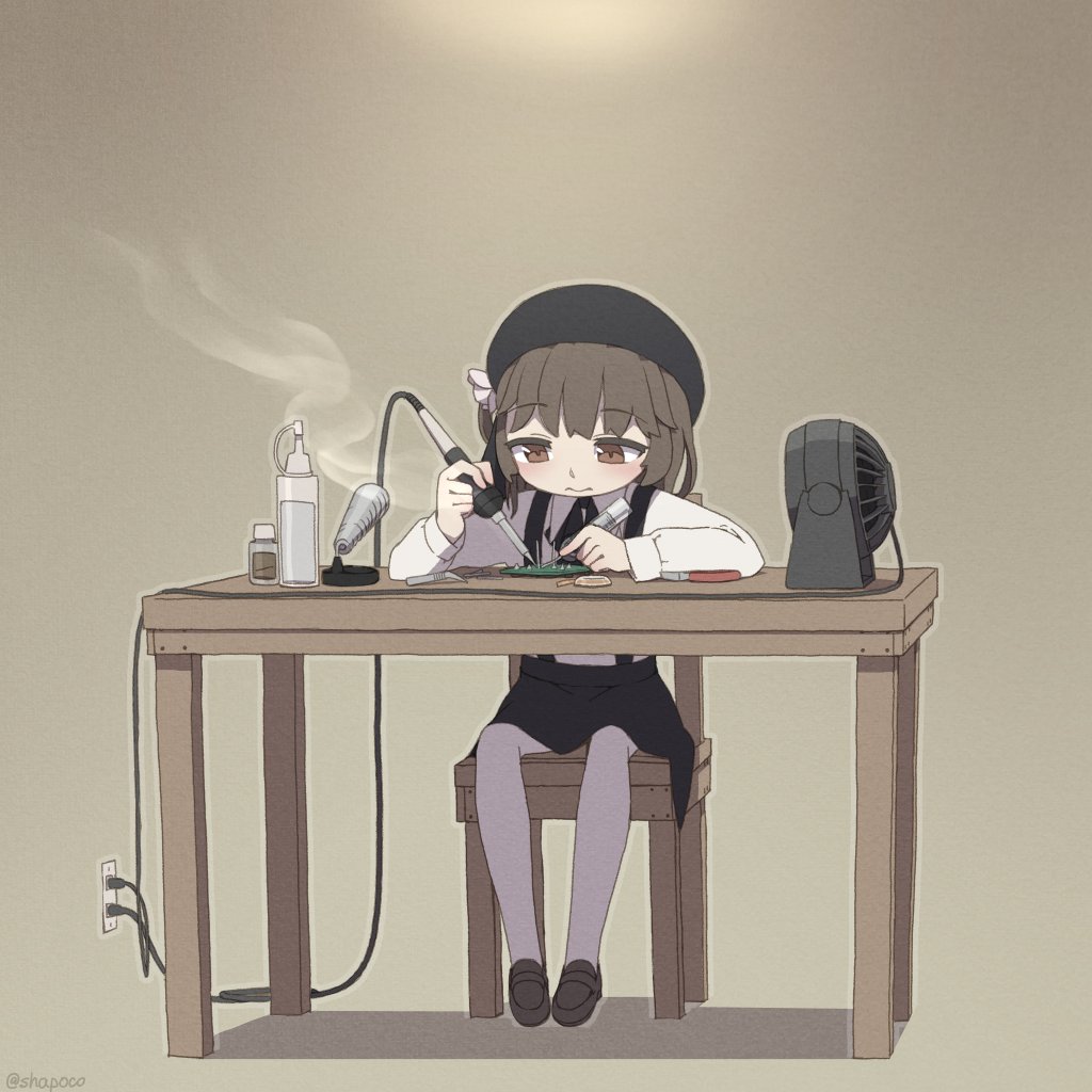 1girl, beret, black_headwear, black_skirt, brown_eyes, brown_hair, circuit_board, electric_fan