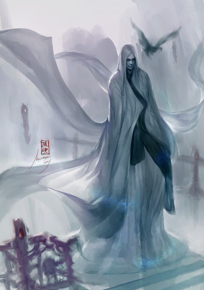 1boy, animal, bird, blue_skin, flying, fog, long_hair, long_sleeves, male_focus, mountain, mountainguy, original, signature, standing, very_long_hair, white_hair, yellow_eyes