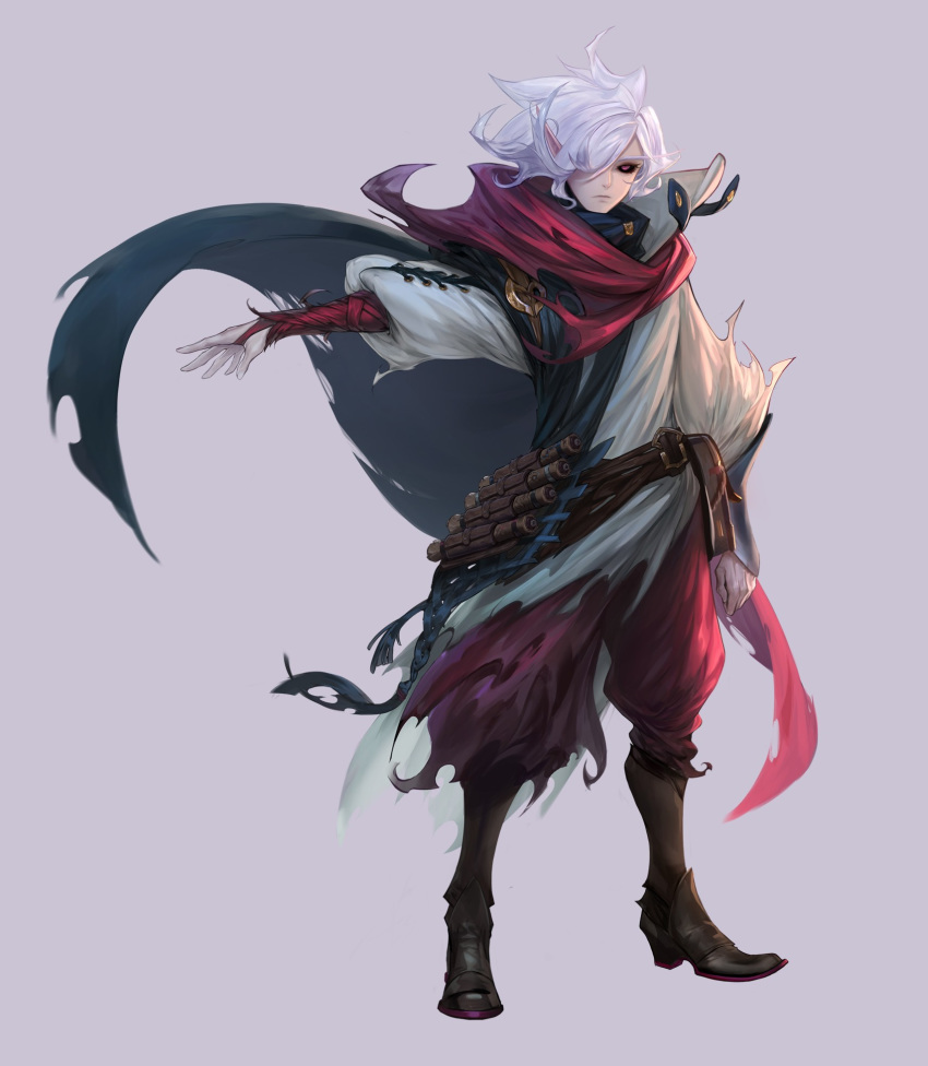1boy, black_sclera, boots, brown_footwear, cape, closed_mouth, fingernails, grey_background, highres, male_focus, mountainguy, pathfinder, pink_eyes, pointy_ears, red_cape, simple_background, slit_pupils, solo, torn_cape, torn_clothes, white_hair, wizard