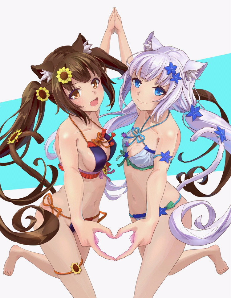 2girls, animal_ears, barefoot, bikini, black_bikini, blue_eyes, blue_flower, breasts, brown_hair, cat_ears, cat_tail, chocola_(nekopara), collarbone, commentary_request, cowboy_shot, flower, grey_background, hair_ornament, hairclip, heart, heart_hands, heart_hands_duo, long_hair, looking_at_viewer, low_ponytail, medium_breasts, multiple_girls, nail_polish, navel, nekopara, orange_eyes, side-tie_bikini, small_breasts, sunflower, swimsuit, tail, tail_ornament, tarou_(user_tpmh7442), twintails, two-tone_background, vanilla_(nekopara), white_bikini, white_hair