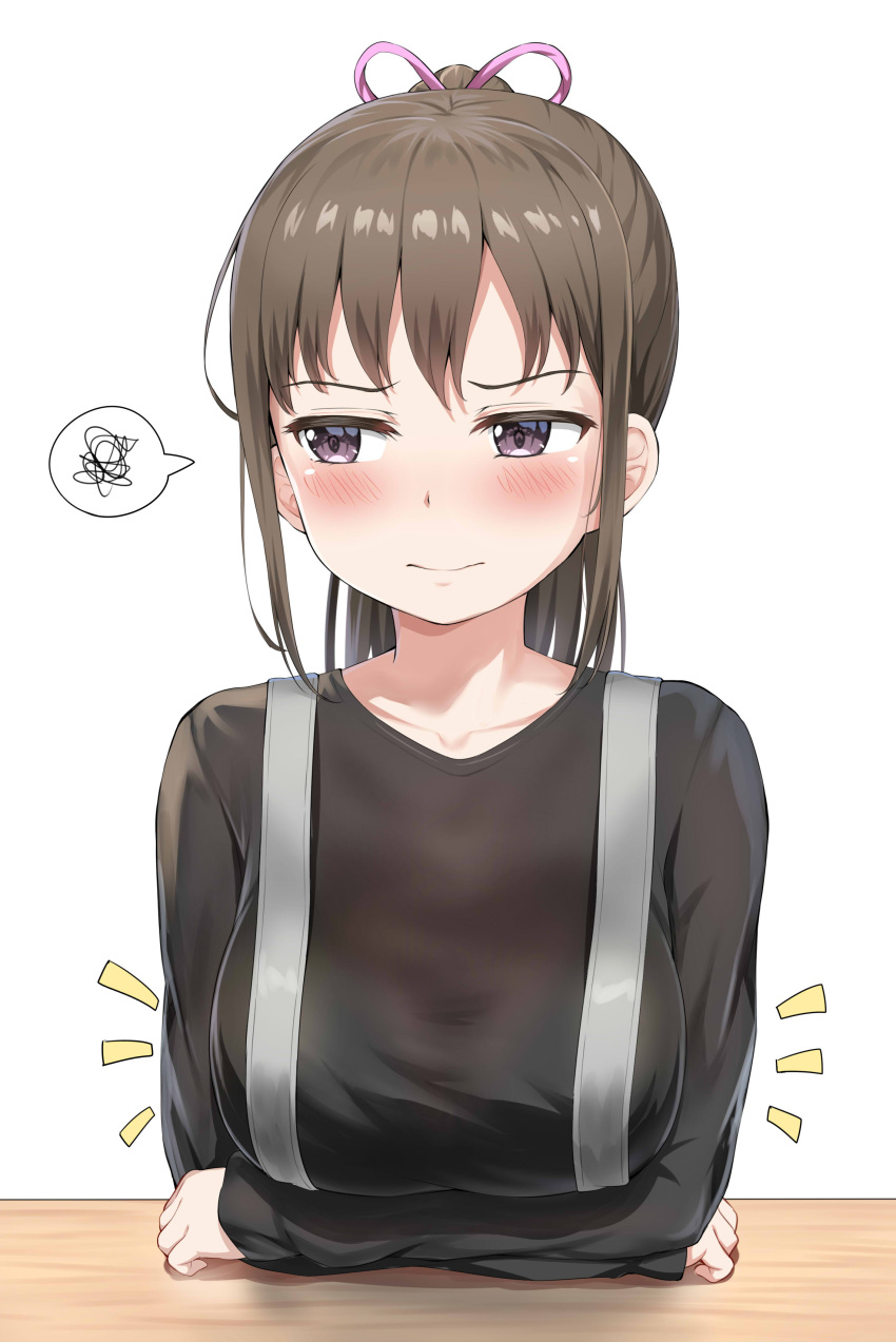 1girl, 3:, absurdres, bangs, blush, bra_through_clothes, breast_rest, breasts